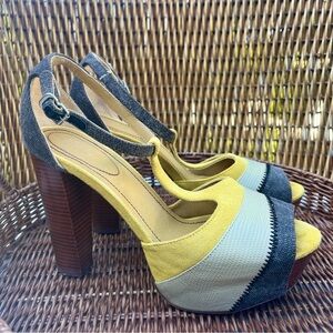 See by Chloé Colorblock Suede & Canvas Peep-Toe Platform Heels – Size EU 38/US 7